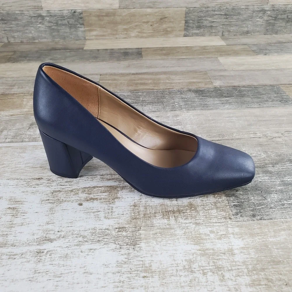 Naturalizer Warner Womens Pump Sz 9 W Comfort French Navy Square Toe Block Heel